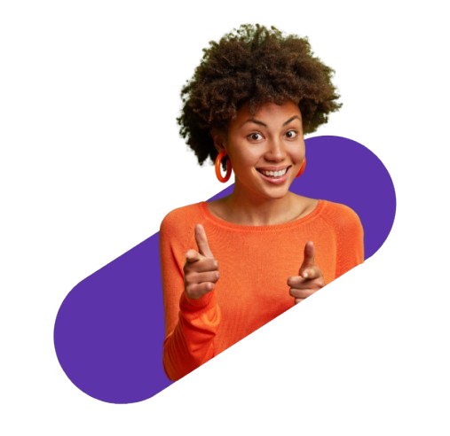 smiling woman pointing fingers forward