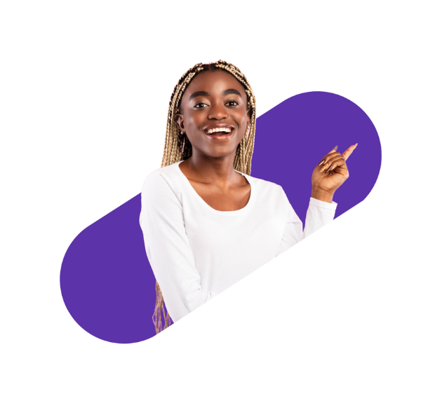 smiling woman wearing a white garment, pointing to the right