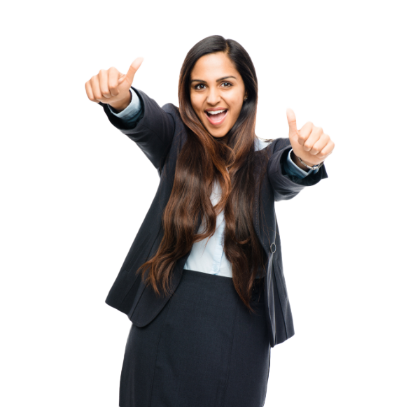 smiling woman, arms raised