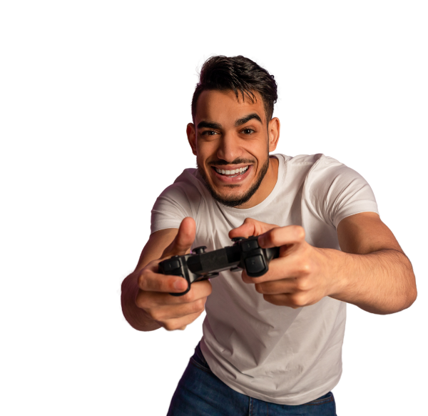 young man using a joystick, playing an online video game