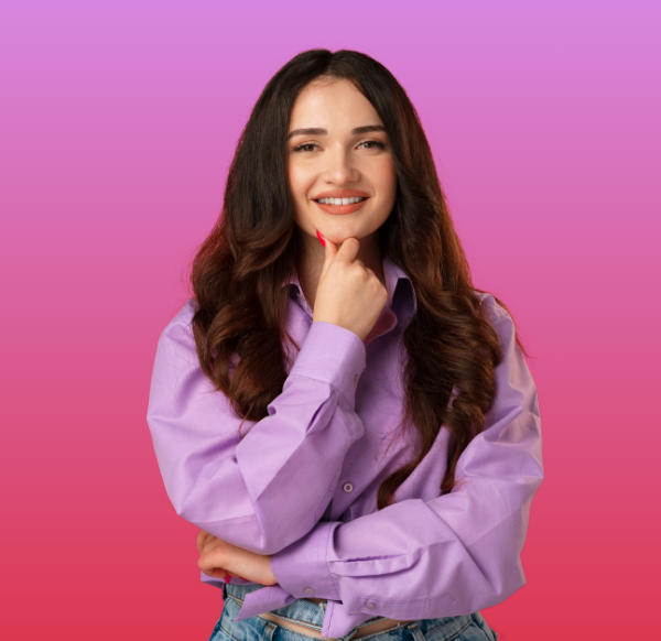 smiling woman resting her hand on her chin