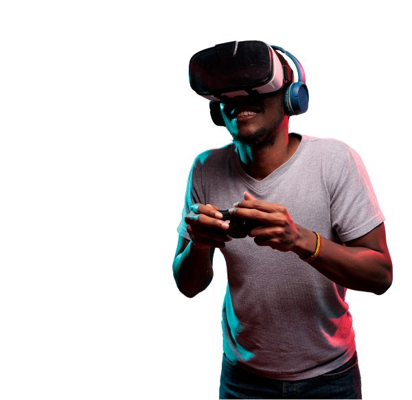 man die videogames speelt en een augmented reality-headset draagt