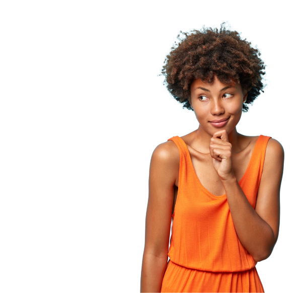 woman in orange tank top looking to the left with a wry smile