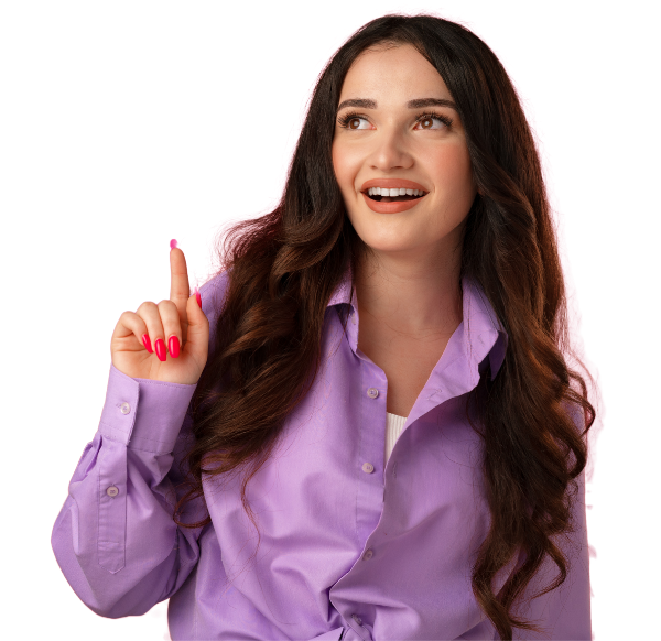 dark-haired woman pointing upwards, seeming to have an idea