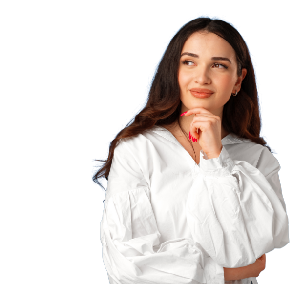 vrouw in diepe gedachten, kijkend naar links, haar hand op haar kin rustend