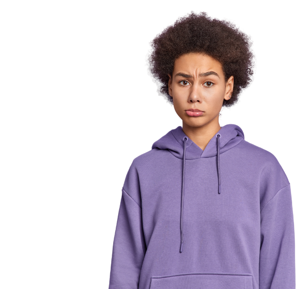 young woman pouting and looking at the camera with displeasure