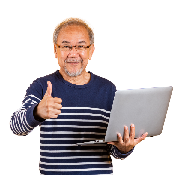 smiling old man carrying a laptop and giving a thumbs-up