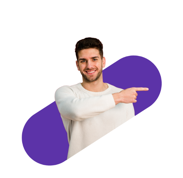 Smiling man pointing to the right