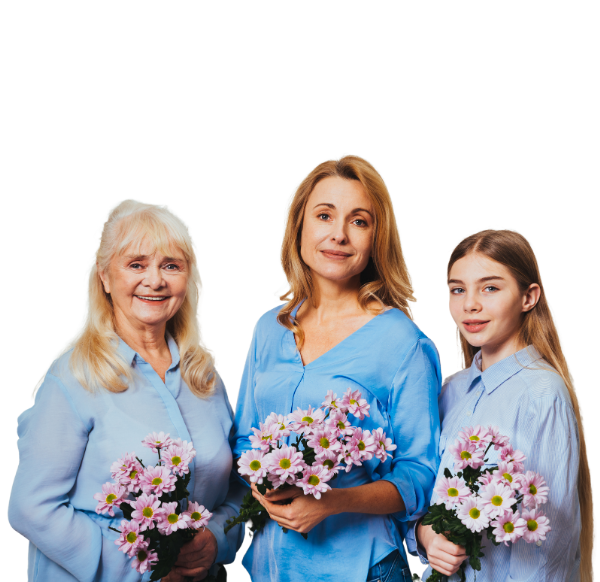 women from three different generations carrying bouquets of flowers